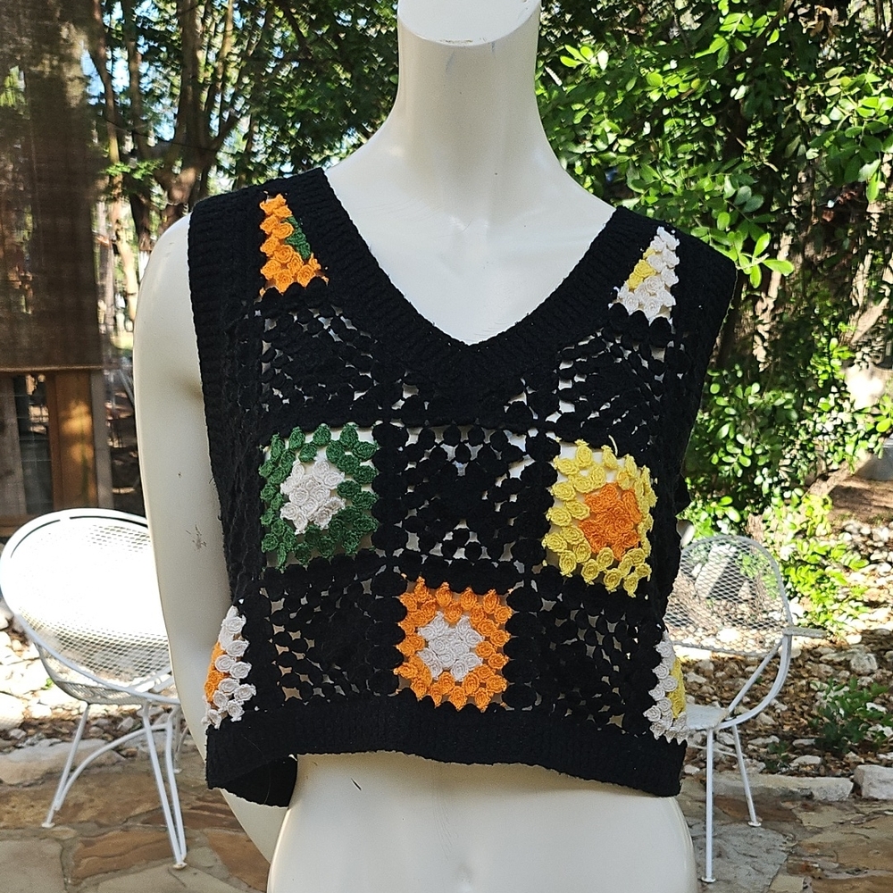 Rebellion Again Crochet Top Size Small Black Knit Acrylic Blend Green Orange